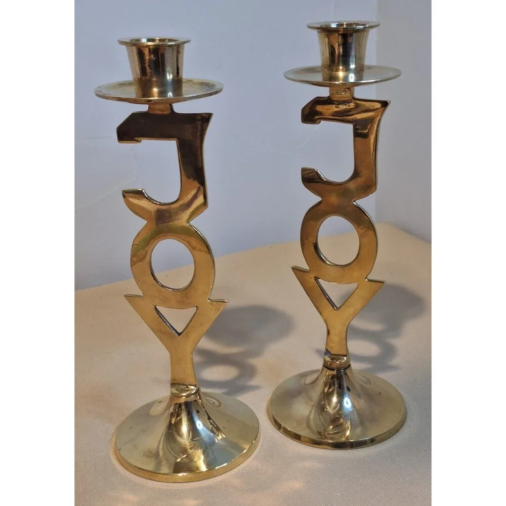Pair Hand Made Solid Brass Christmas “Joy” Candlesticks International Silver Co